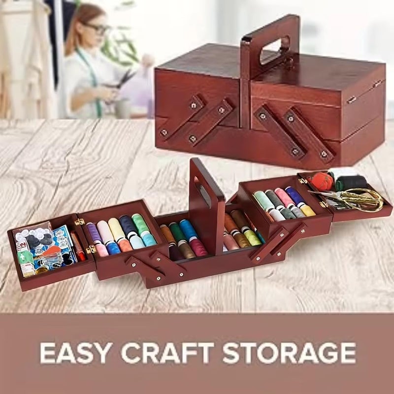 EFFNILIM 1pcs Wooden Expandable Sewing Box Sewing Kit Storage Box with Handle, Embroidery Kit Wooden Sewing Basket - Image 4